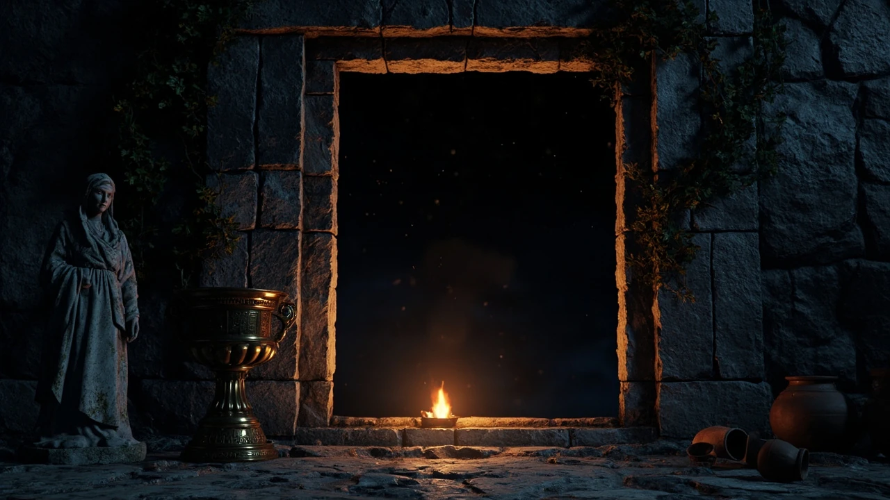 Tomb of the First Pythia entrance in Assassin's Creed Odyssey with brazier and statue