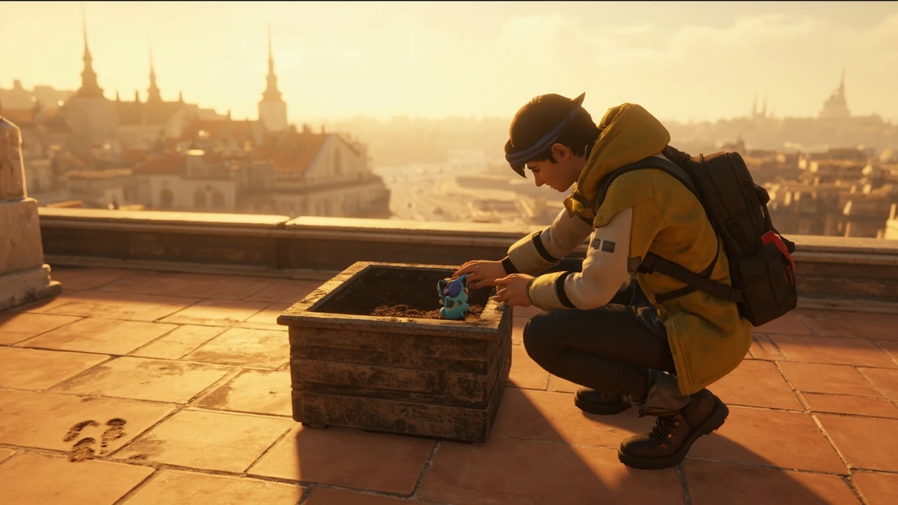 Game scene showing a trainer searching for the riolu location legends za on a sunlit rooftop