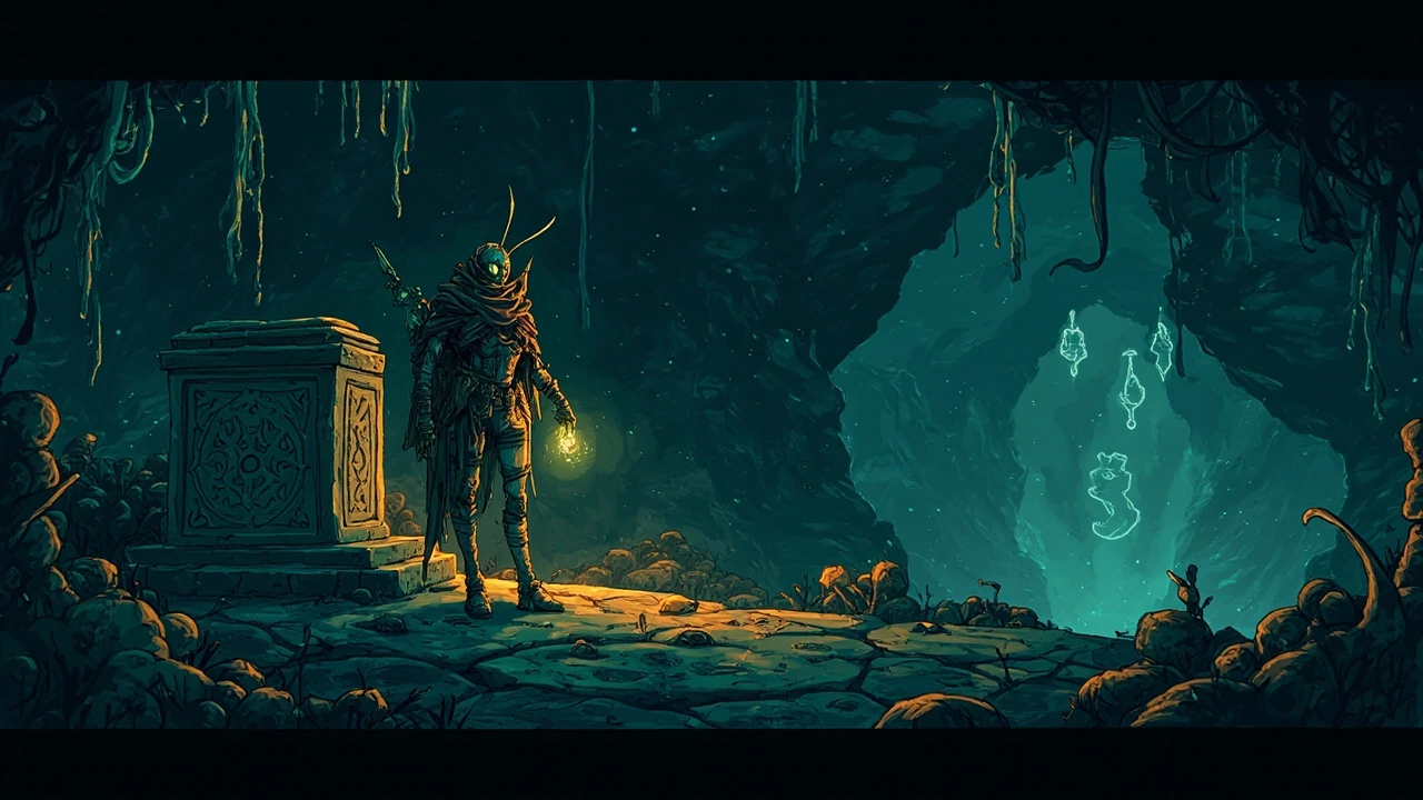 Hornet from Hollow Knight: Silksong examining small ancient silksong relics on a stone altar