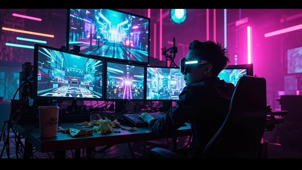 Cyberpunk Judy braindance editing workspace concept art