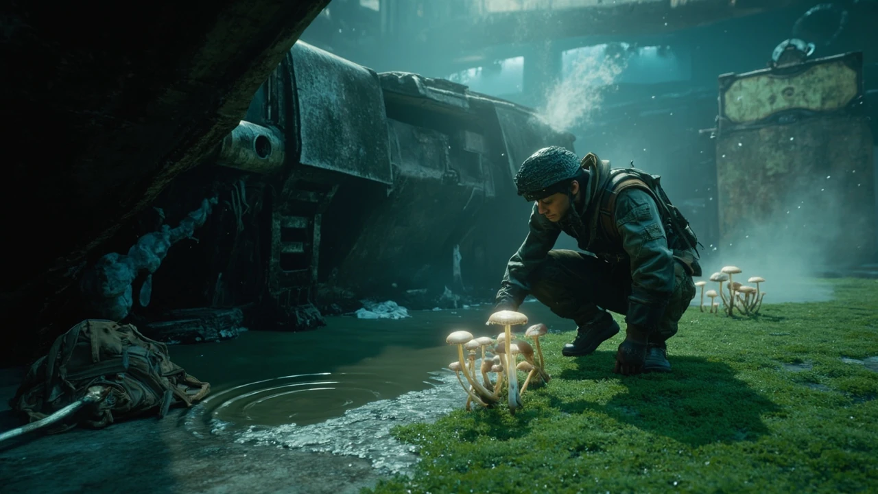 A player scavenging mushrooms in a quiet ARC Raiders biome